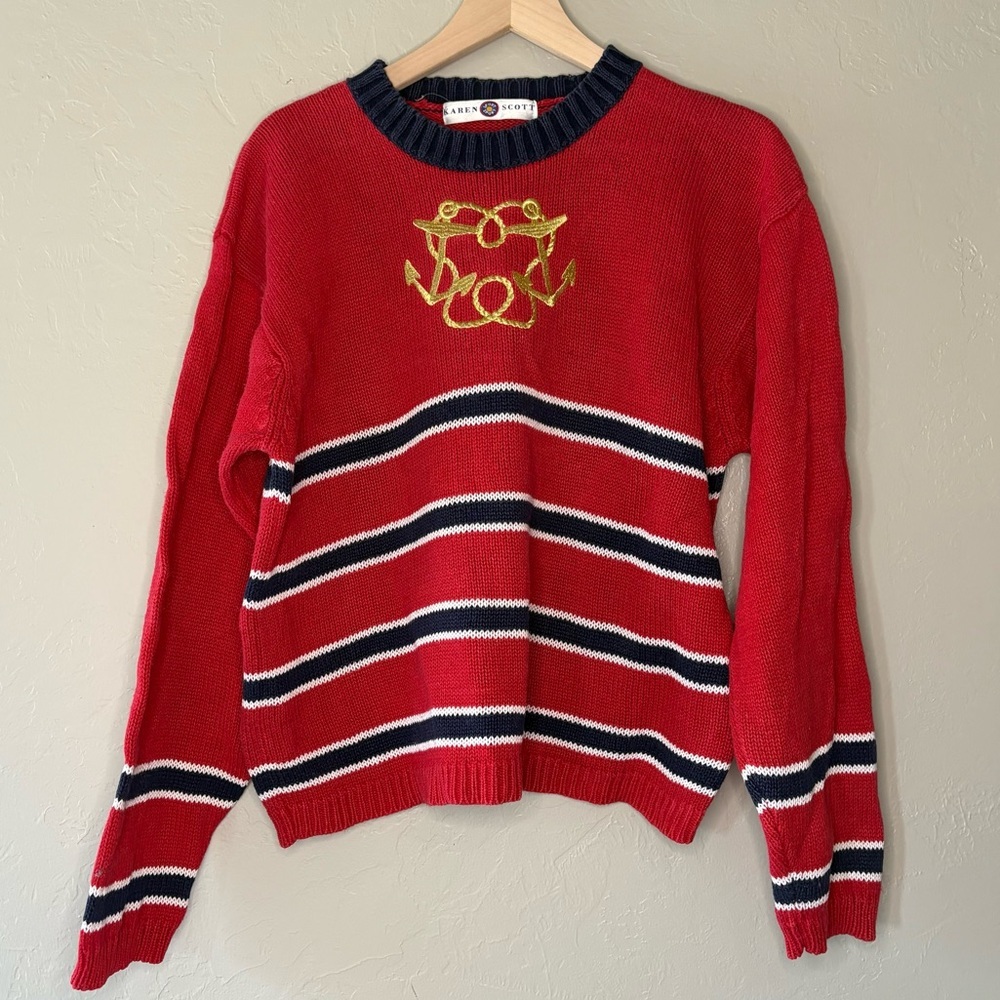 ❤️ Karen Scott Sport Vintage Nautical Sweater Red Navy Anchor Stripe L